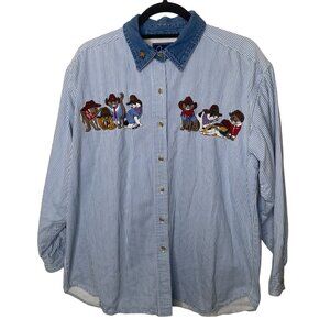 Quizz Again Cat Shirt Womens Size L Embroidered Kittens Button Down Blue Striped